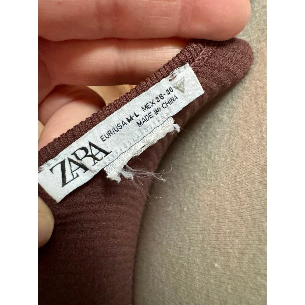 Zara Brown Ribbed Knit Long Sleeve Cropped Top‎ Women's Size M/L